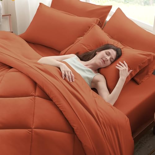 Anluoer Full Comforter Set,Burnt Orange Bed in a Bag 7 Piece,Lightweight Bedding Set with Soft Down Alternative Fill,Bed Set Includes Comforter, Fitted Sheet, Flat Sheet,Pillowcases and Shams