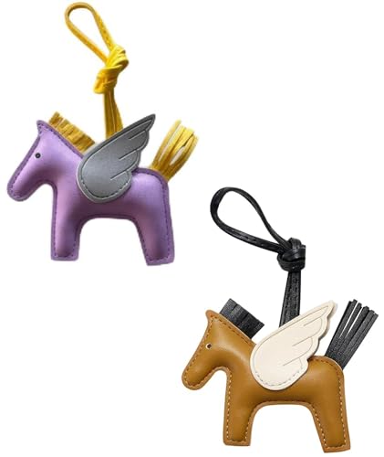 Image of NHCDFA 2PCS Bag Charms for Women, Leather Keychain Set with Angel Pegasus Design, Brown and Purple Color Combination for Handbags and Accessories, Two Pieces Included for Stylish Daily Use