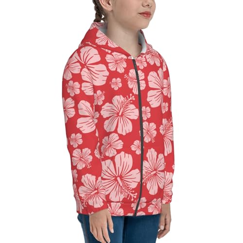 Red Hibiscus Flower Kid Hoodies Boys Zip Up Sweatshirts Girls Pullover with Pocket4