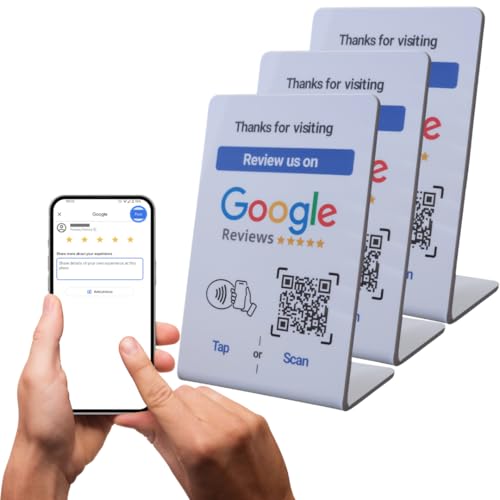 NFC Tag Google Review Stand - Boost Customer Reviews - Tap NFC & Scan QR code - Business sign holder - No Fee, No Subscription - iPhone & Android(Table stand large-Pack 3)