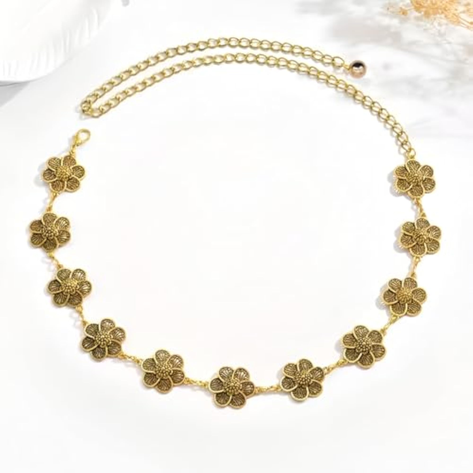 Women's Antique Floral Pattern Adjustable Waist Chain, Gold