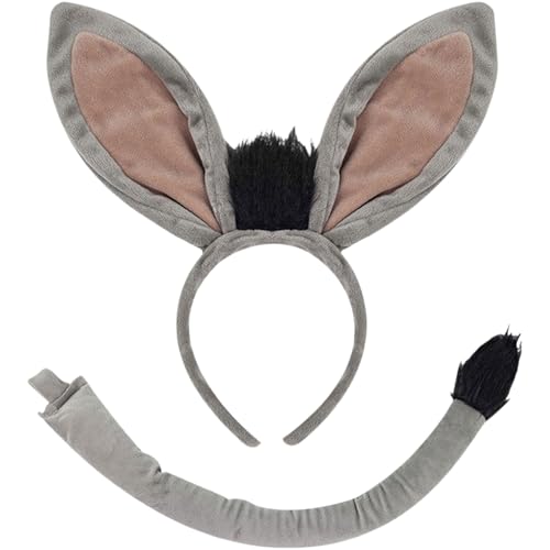 GWAWG 2pcs Donkey Ears and Tail Costume Set Grey Donkey Ears Headband and Long Grey Donkey Tail Fancy Dress Accessory Set Donkey Animal Costume Accessories for Halloween Carnival Cosplay Theme Party