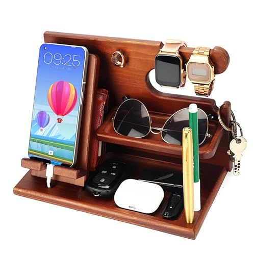 Zjyufy Wooden Phone Docking Station Key Holder Wallet Stand Watch Organizer Nightstand Bedside Table Organiser Holder for Smartphone Wallet Glasses Key, Husband/Dad Accessories