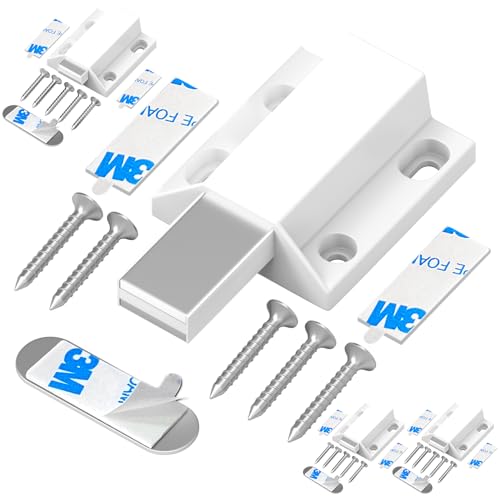 Tonitrui Magnetic Push Latches Without Nail Installation Push to Open Door Latch No Screw Adhesive Magnetic Catch Touch Release Pop Out Hardware for for Cabinets Kitchen Closet (White 4 Pack)