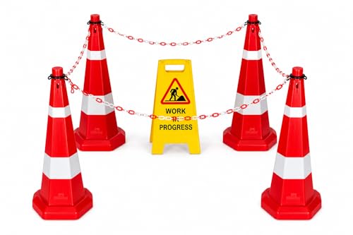 Image of Nilkamal Road Traffic Safety Cone, Pack of 2 Cones 1000 mm, with 1 mtr Chain + 2 Hooks, (Safety Cone, Traffic Safety Cone, Road Safety Cone with Reflective Strips Collar)