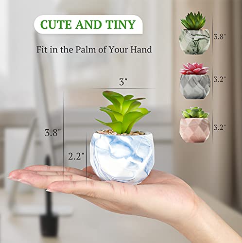 Succulents Plants Artificial - Upgraded Mini Potted Fake Succulent Plants for Home Office Desk Plant Decor, Assorted Small Faux Succulents in Rhombus Colored Marbled Ceramic Pots (Set of 4)