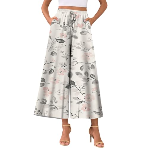 Wide Leg Pants for Women Loose Drawstring Design High Waist Causal Summer Graphic Floral Trousers with Pockets