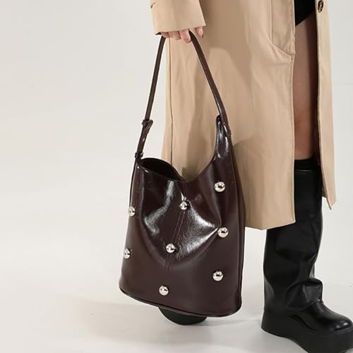 Elegant Slouchy Shoulder Bucket Bag for Women Rivets Beads Studded PU Leather Underarm Handbag with Spacious Interior4