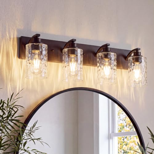 Image of 4-Light Bathroom Light Fixtures Modern ORB Vanity Lights | Easy to Install Clear Hammered Glass Shades, Rippled Glow, Wall Mount Up or Down, E26 Socket, Hardwired, 120V
