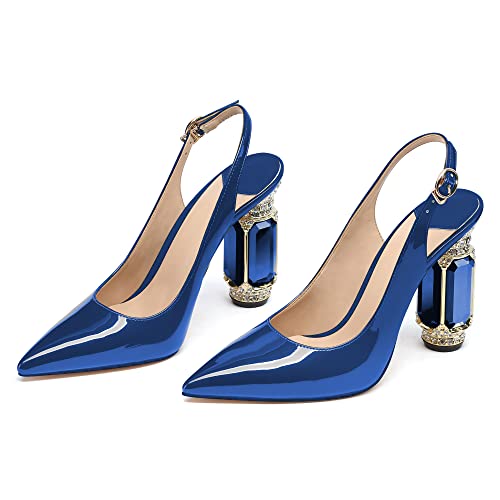 Image of JANSEVEN Women Chunky Heels Pumps Crystal Block Heels with Rhinestones Pointed Toe Sexy Gradient Patent Leather Slip on Bridal Party Wedding Dress Shoes 5-13 M US