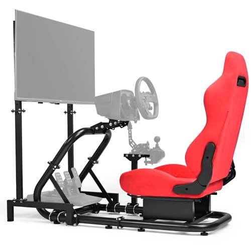 Minneer Rennlenkradständer mit rotem Wildledersitz und Monitorhalterung, passend für Logitech G29 G920, für Thrustmaster T248,Gaming-Simulator-Ständer Lenkrad, Ohne Fußpedale und Handbremse