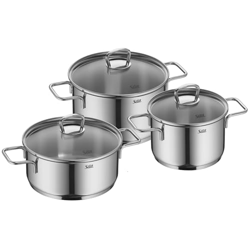 Silit Alicante Topfset Induktion 3-teilig, Kochtopf Set mit Glasdeckel, Schüttrand, Edelstahl hochglanzpoliert, Induktions Töpfe Set unbeschichtet, für alle Herdarten geeignet