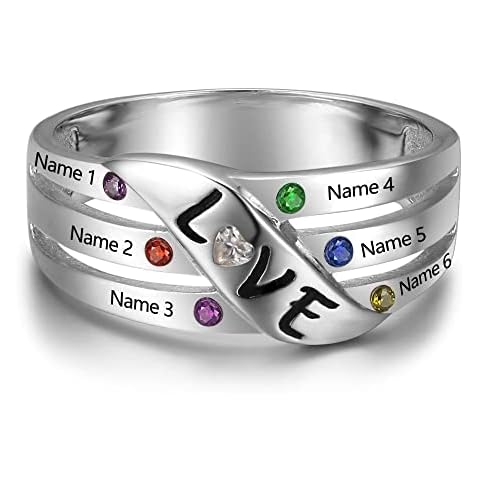 PaulaMax Jewelry Sterling Silver Personalized Love Birthstone Ring, Choose 6 Birthstones, 6 Names and 1 Engraving Size 6-9 Cover