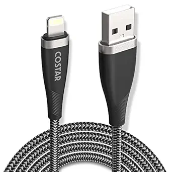COSTAR USB to Lightning Cable - 3A Nylon Braided Apple iPhone Charger Cable Cord USB Power Fast Charging Data Sync Transfer Cord Compatible with iPhone 14/13/13 Pro/12/12 Pro/12 Pro Max/11/Xs Max/XR/X, 8, 7, 6, 5,iPad (2m, Black)