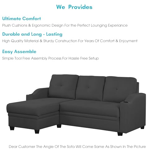 Image of Casaliving Ravonna LHS 4 Seater L Shape Corner Sofa Cum Bed for Living Room (Black Fabric) Premium Fabric Sofa
