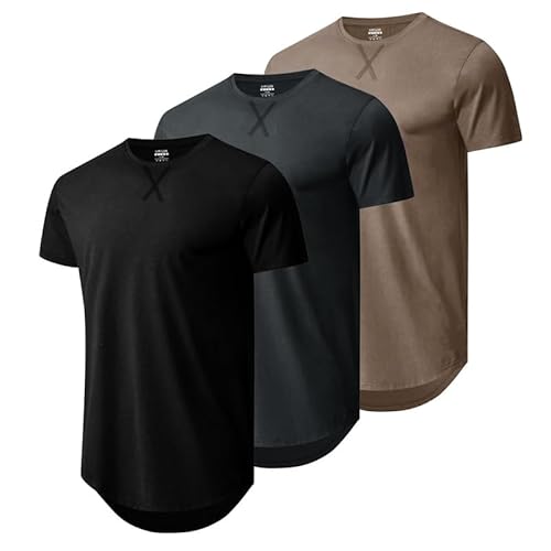 Mens 3 Pack Cotton Hipster Longline T Shirts Curved Hem Plain Hip Hop Short Sleeve Tee Fitted Casual Drop Cuts Crewneck(BKDGKA XL)