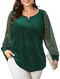SCOMCHIC Women's Plus Size Blouses Long Sleeve V Neck Sparkly Sequin Velvet Top Dressy Casual Loose Shirts Party Tops Emerald Green