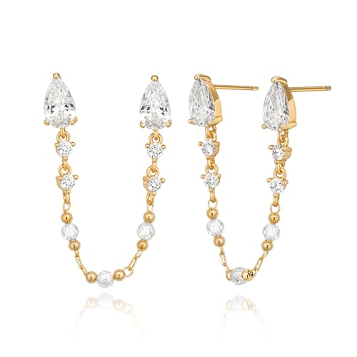 LOYATA Dangle Chain Earrings for Women-Small Gold Double Piercing Drop Long Stud Earrings 14K Gold Plated/925 Sterling Silver Post Hypoallergenic Dangly Earrings Wedding Everyday Ear Jewelry Gifts