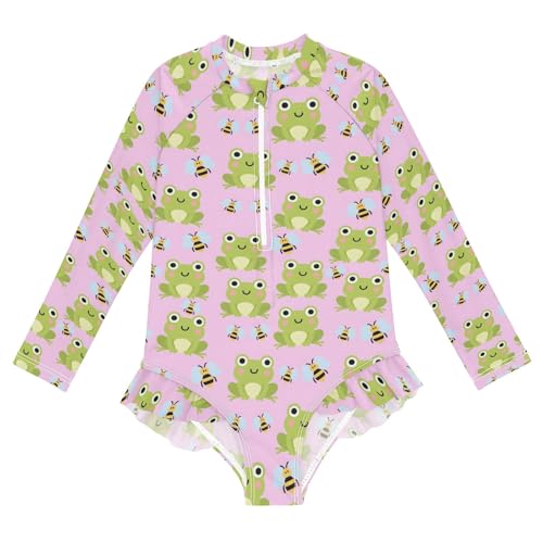 Frog Bee Pattern Girls Long Sleeve Swimsuit Rash Guard One Piece Bathing Suits Zipper 3-12T