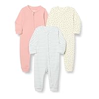 Amazon Essentials Unisex Baby Fußloser Schlafanzug mit Reißverschluss aus Baumwolle, 3er-Pack, Punkte/Staubrosé/Streifen, 6-9 Monate