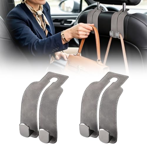 Image of Car Seat Back Organizer, Twinhook Leather Car Headrest Organizer (2, Grey) | Heavy Duty Car Seat Holder for Purses and Bags, Car Purse Hanger with Dual Hooks for Travel