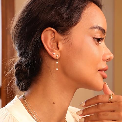 Moodear Dainty Pearl Dangle Earrings for Women - Trendy 14K Gold Plated Pearl Hypoallergenic Drop Earring Wedding Jewelry Gift3