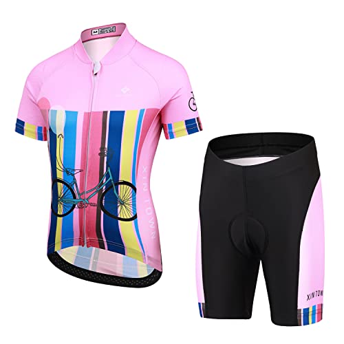 SXSHUN Culotte Ciclismo Niños Ropa Bicicleta Montaña Maillots Ciclismo Niñas Verano+ Pantalones Corto, Traje De Arco Iris, 8-9 años
