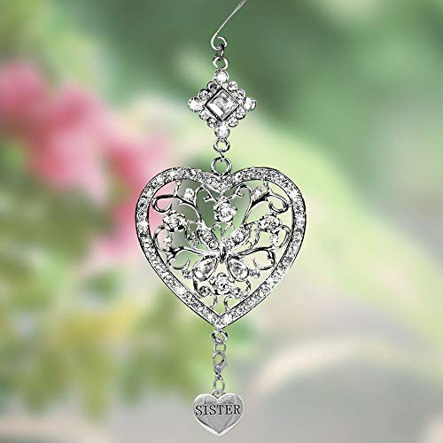 Best Sister - Jeweled Heart and Butterfly Hanging Sis Ornament- Silver Filigree