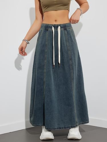 chouyatou Women's Casual Paperbag Elastic High Waist A Line Long Maxi Flare Denim Skirt4