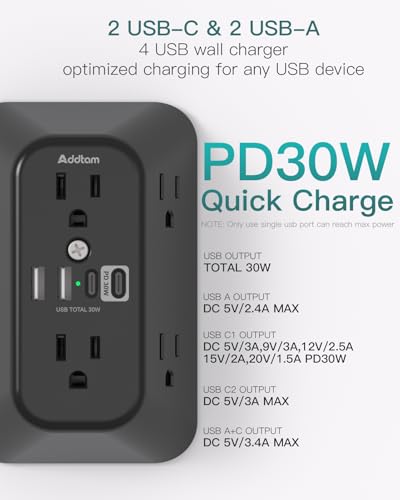 Image of Addtam 6-Outlet Extender Surge Protector, Multi Plug Wall Outlet with 4 USB Wall Charger(PD 30W), Plug Extension Outlet with 1800J, Outlet Splitter Power Strip for Home Office, Black