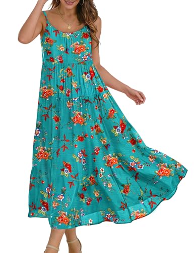 Image of YESNO Summer Bohemian Floral Dresses for Women Spaghetti Straps Maxi Dress Casual Flowy Dresses with Pockets ES0