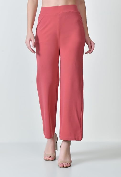 Image of Women's High Waist Straight Fit Trousers,Solid Korean Stretchable Pants for Women, Regular Fit Elastic Waist Full Length Formal Trouser,Casual,Office Wear
