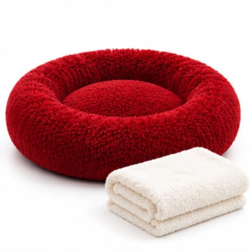 Image of Dog Bed for Dogs & Cats, Fluffy Round Donut Pet Bed, Ultra Soft Faux Fur Pet Nest, Raised Edge Comfort Support, Reversible Double-Sided Use, Washable Sleeping Cushion, Red, Small