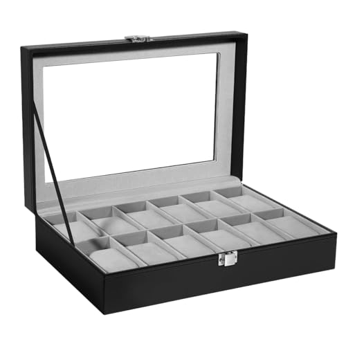 SUMFGO Watch Box for Men PU Leather Watch Organizer with Clear Glass Lid Black (12 Slot)