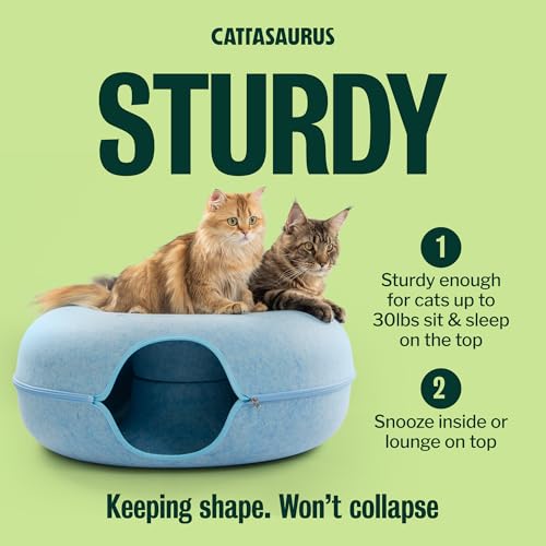 Image of Cattasaurus Peekaboo Cat Cave Donut for Multiple & Large Cats up to 30-45 lbs, 3-in-1 Self Warming Cat Bed, Tunnel & Scratcher for Indoor Cats, Washable & Detachable Small Dog Bed (Blue, Jumbo)