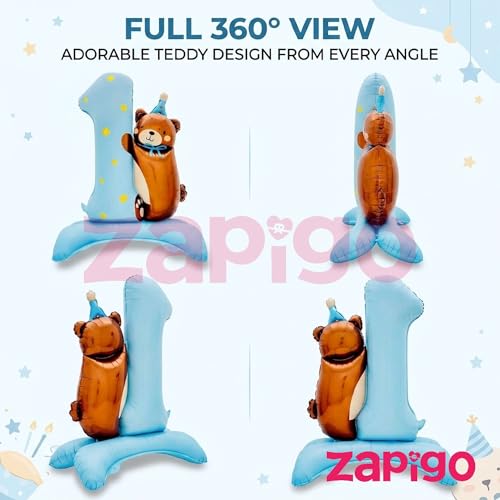 Image of Balloonistics Number 1 Self-Standing Blue Foil Balloon with Teddy Bear | 1st Birthday Baby Boy Decoration | First Birthday Balloon | No Helium Needed