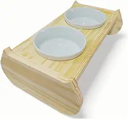 Comedouro Pet Elevado Para Gato Em Madeira Com 2 Tigelas de Porcelana Tamanho P