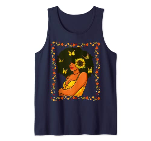 Otoño Negro Chica Afro Mariposa Melanin Girasol Mujeres Chica Camiseta sin Mangas