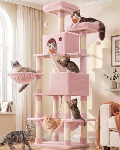 Image of Feandrea Cat Tree, 81.1-Inch Large Cat Tower, Multi-Level Condo, Jelly Pink | with 13 Sisal Scratching Posts, 2 Perches, 2 Cave, Hammock, Basket, Pompoms for Indoor Cats, Easy to Assemble, UPCT190P01