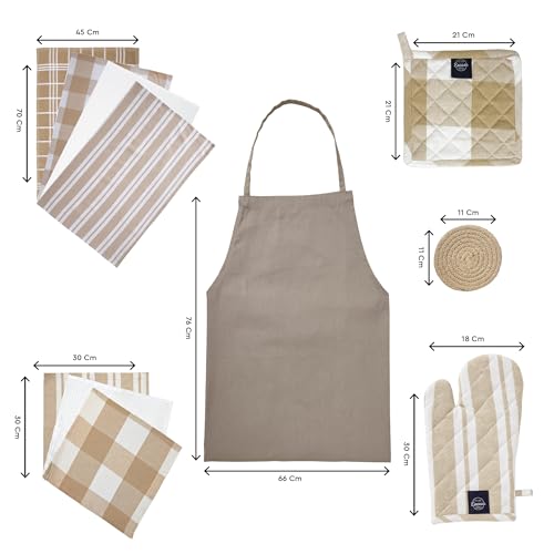 Image of Encasa XO Kitchen Towels and Dishcloths Sets | 21 Pcs Apartment Essentials Set | Oven Mitts and Pot Holders with Hanging Loop | Cooking Apron, Dish Cloth, Flour Sack and Coasters Beige Combo