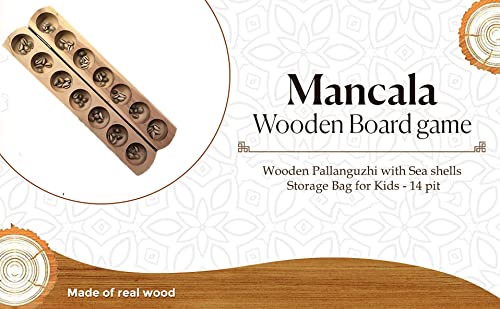 Paljji Handicrafts Vamana Guntalu/Pallanghuzi/Mancala Wooden Board Game with 70 Sea Shells and Storage Bag - 14 Pit, Made for Neem Wood (Model 1)