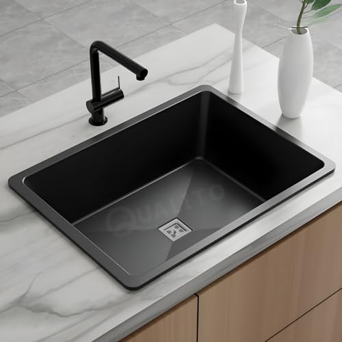 Image of QUALITO Quartz Kitchen Sink | 16x18x9 Inch, 10 mm Thickness | Single Bowl Granite Sink with Waste Coupling & Pipe | Easy to Clean, Sound & Heat Proof and Non Fading Colour (Black)