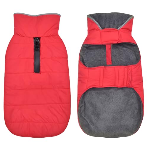 Image of Petglad Dog Winter Coat, Waterproof Dog Jacket with Leash Hole, Reflective Adjustable Pet Snow Vest, Warm Fleece Sweater for Small Medium Large Dogs - Red, M
