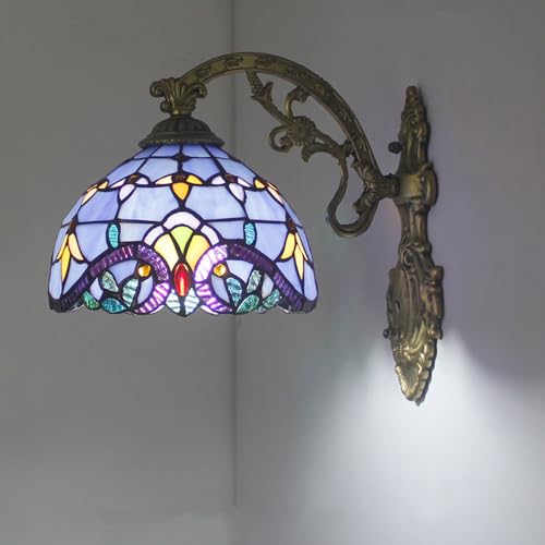 Mengjay Lámpara de pared Tiffany con pantalla de vitral y marco de metal, aplique vintage para sala de estar, pasillo, escalera, pasillo. (Estilo.B)