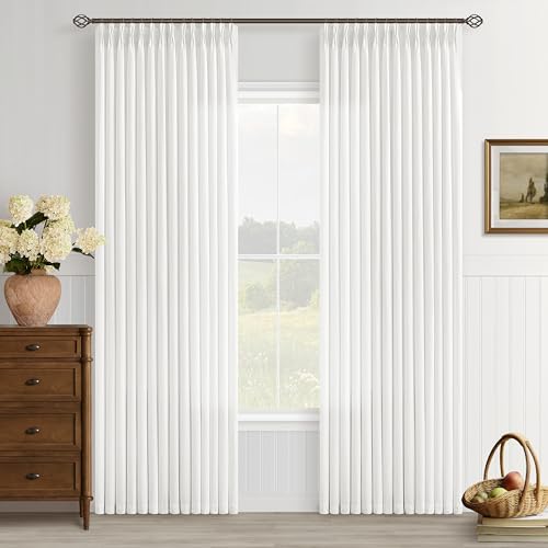 Image of Ivory White Semi Sheer Pinch Pleated Linen Curtains 84 Inch Length