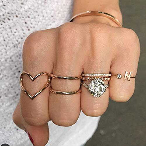Missgrace Vintage Gold Boho Simple Knuckle Stackable Stacking Rings Crystal Rhinestones Heart Open Rings Set for Women 5pcs (Style 5)