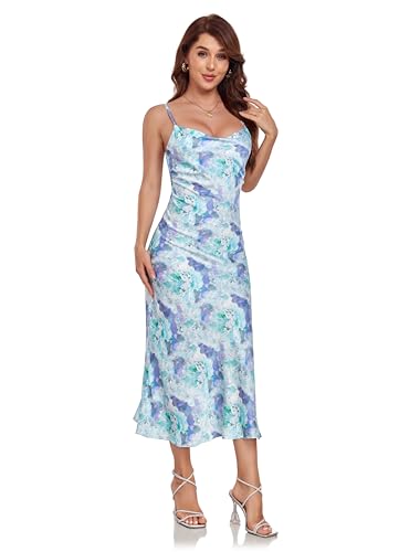 Image of Women's Spaghetti Strap Midi Satin Silk Dresses Slip Cowl Neck Party Cocktail Evening Sexy Dress