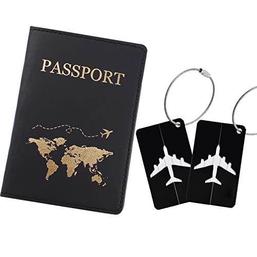 GoldRock Reisepasshülle Schwarz,3 Stück Reisepass Organizer Set,1 Stück Passport Hülle 2 Stück Kofferanhänger mit Adressschild, Damen Herren Passport Holder für Kreditkarten,Ausweis und Reisedokumente Cover