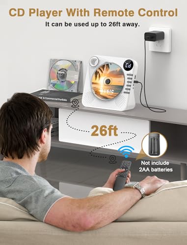 Image of CD Player Bluetooth with HiFi Dual Speaker,Desktop CD Player for Home with Remote Control,Dust Cover,LCD Display,Sleep Timer,EQ Sound,USB /AUX,Kids,Gift,White