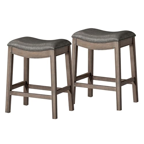 Image of Maven Lane Adrien Backless Counter Stool - Set of 2 - 26 Inches - Saddle Stool with Footrest - Grey Solid Wood Frame & Grey Faux Leather Upholstery - Perfect for Kitchen Islands & Counters
